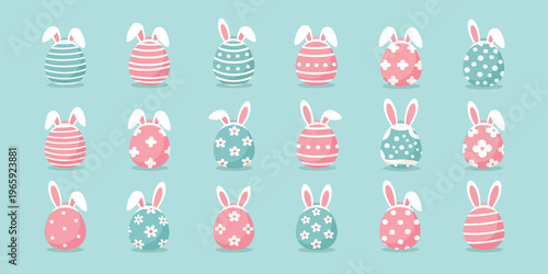 Easter egg hunt bunnies in pastel colors with stripes and polka dots