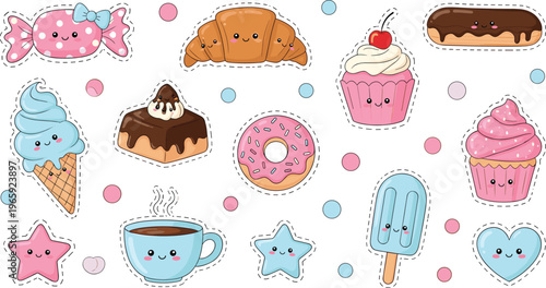 Sweet Kawaii Dessert Stickers Set Featuring Donuts, Cupcakes, Ice Cream, Candy, Coffee, and Fun Treats