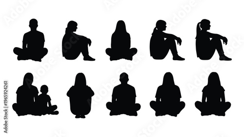 A collection of ten black silhouettes depicting people in various seated and squatting poses conveying solitude high quality professional