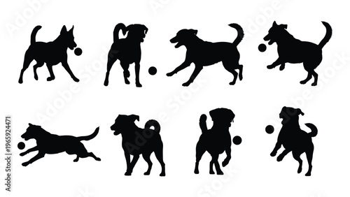 A collection of playful dogs in various poses with balls depicted as a striking black silhouette high quality professional