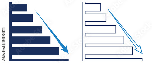 Vector set of blue solid and outline horizontal bar charts with downward arrows representing business decline economic recession and negative trends.