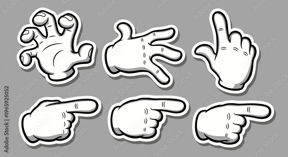 Fototapeta premium Cartoon Hand Gesture Stickers Set with Open Hands and Pointing Fingers on Grey Background