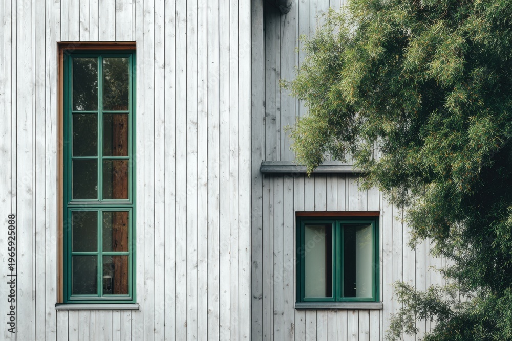 Fototapeta premium A charming wooden house featuring vibrant green windows, surrounded by lush trees, illuminated beautifully in the warm glow of daylight