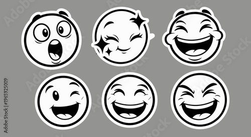 Cartoon Emoji Faces Set Showing Happy, Laughing, and Surprised Expressions on Grey Background