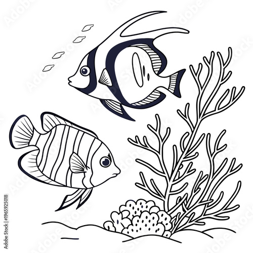 Two cartoon angelfish swimming near coral and seaweed, underwater scene, marine life, black and white illustration, minimalist