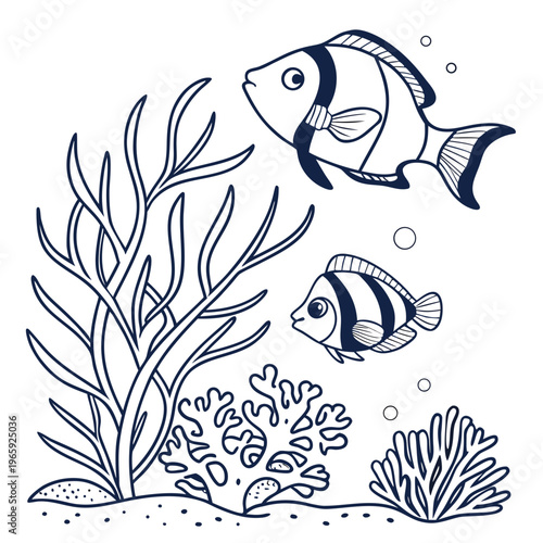 Two striped damselfish swimming among tall seaweed and sea anemones coloring book illustration for kids exploring marine biology and ocean life