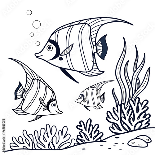 Moorish idol fish coloring page featuring three beautiful long finned tropical species swimming near coral branches for children leisure activity