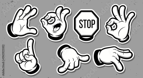 Cartoon Hand Gesture Stickers Set with Stop Sign, OK Gesture, and Pointing Fingers on Grey Background