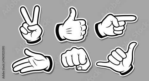 Cartoon Hand Gesture Stickers Set with Peace Sign, Thumbs Up, and Pointing on Grey Background