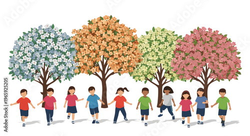 Happy multiracial group of children in nature, perfect for educational flyers, diversity and inclusion banners, children's health blogs, community park posters, springtime marketing campaigns