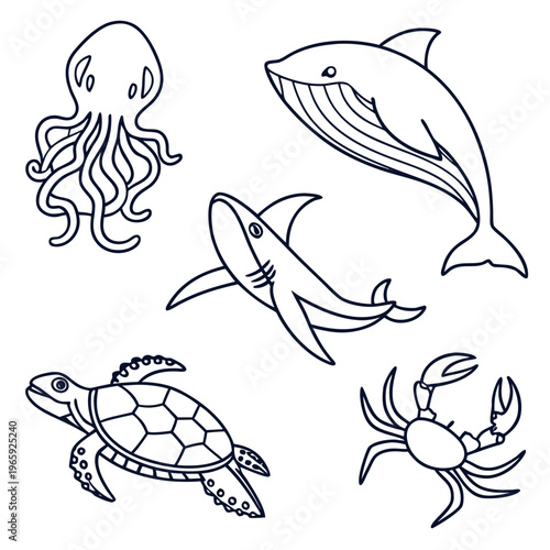 Collection of sea creatures featuring octopus whale shark sea turtle and crab in black outline style ideal for educational posters and coloring pages