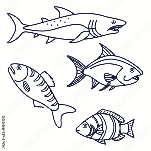 Collection of four distinct fish species in line art: a shark, a small mackerel, a tuna, and a striped tropical fish