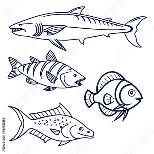 Collection of four distinct outline fish drawings, shark, salmon, trout, and betta fish, isolated on a clean white background