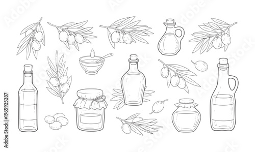 Black and white line of olive oil production and containers olives branches leaves