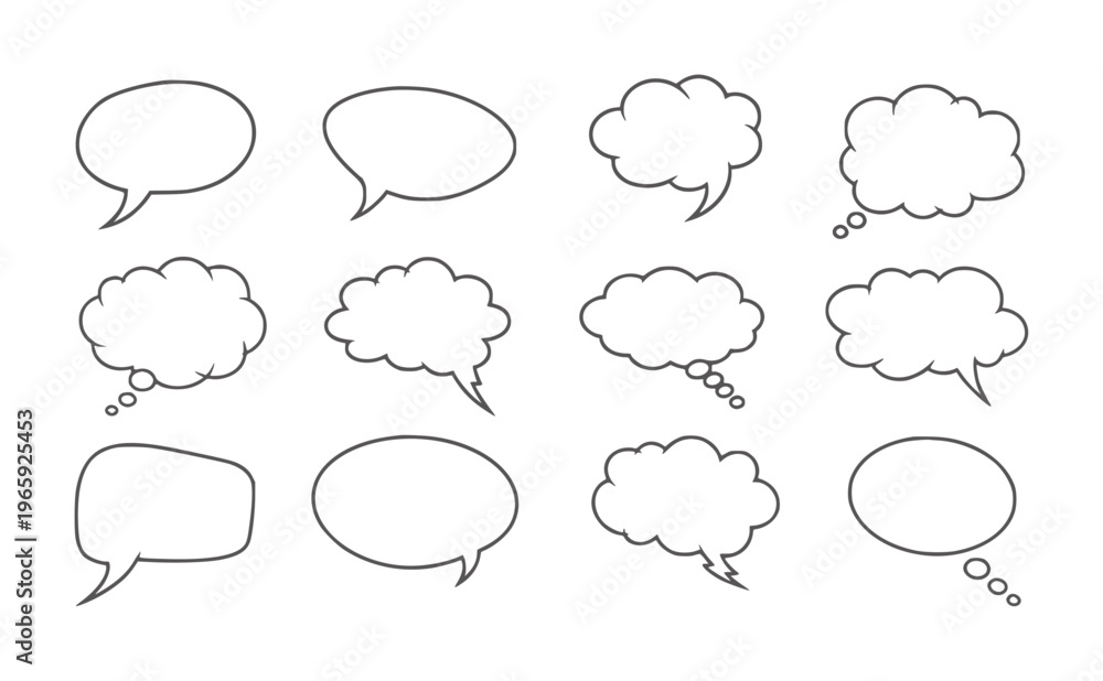 Fototapeta premium Collection of ten empty black and white speech bubbles in various shapes outlines
