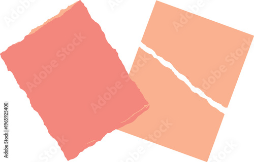 Two torn paper sheets, one salmon pink and the other light orange, creating a visual representation of separation or fragmentation with artistic flair and minimalist design elements