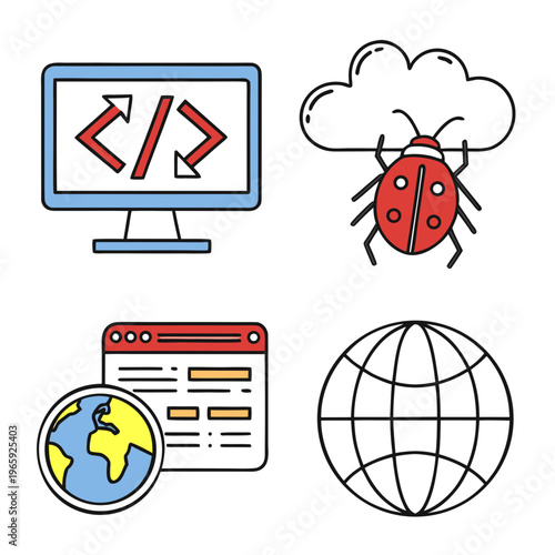 Software testing and debugging illustration featuring monitor with code arrows red bug insect cloud computing symbol and world globe with browser