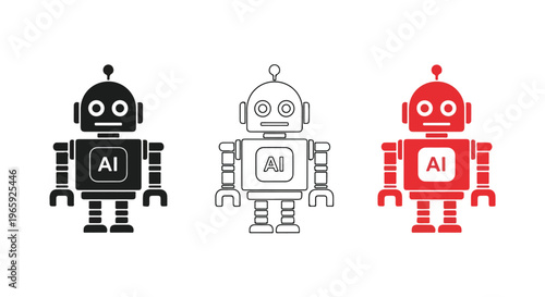 Three stylized robots with AI symbols on their chests in black, white, and red color variations