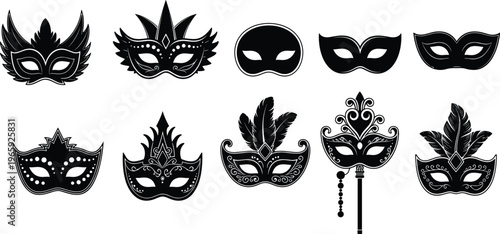 Black and white vector silhouette illustration set of carnival masquerade masks featuring elegant feathers, ornate patterns, and Venetian styles for festival and party designs.