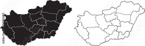 Hungary map with regions and black outline on white background