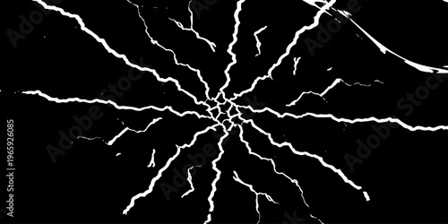 Radial white crack explosion pattern on black background abstract fracture texture design