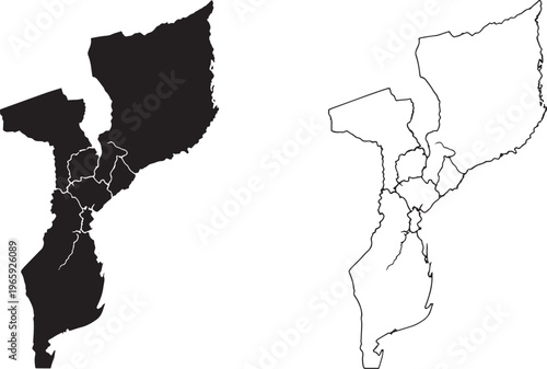 Map of Mozambique with provinces and regions shown in black and white