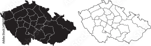 Czech Republic regions map with black and white outlines and borders