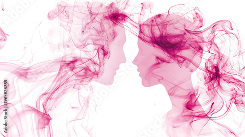 Abstract Pink Smoke Forming Silhouettes of Two Faces in Profile Facing Each Other.