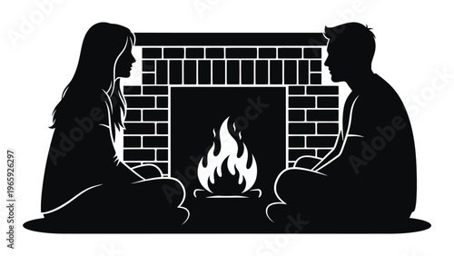 A couple sits closely together on the floor warmed by a cozy fireplace rendered as a striking silhouette
