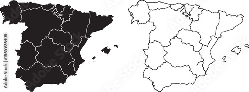 Spain country map with regions and outline on white background