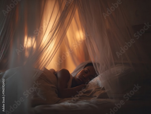 woman sleeping peacefully under mosquito net canopy