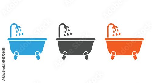 Three colorful bathtubs with showers in blue, gray, and orange, isolated on a white background, representing bathroom