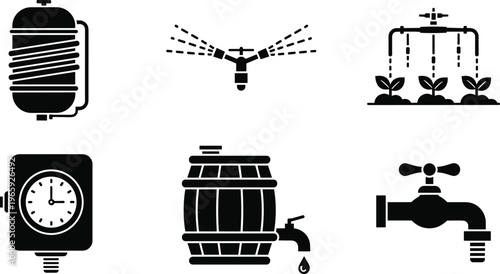 Black silhouette garden irrigation icon set featuring water sprinkler, drip system, timer, wooden barrel with faucet, hose reel, and outdoor tap for agricultural design.