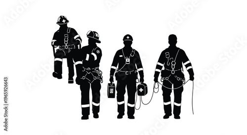 Silhouette of a rescue team with safety equipment, including a rescuer being lowered, a team member with a medical kit, and others with ropes and gear, professional emergency response concept