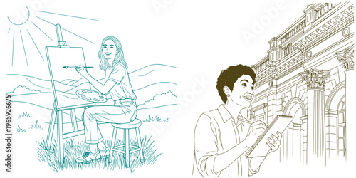 Vector set about artists: Young woman painting in nature and young painter sketching architecture  