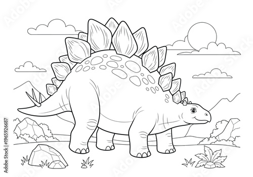 Cute stegosaurus dinosaur coloring page for kids, featuring a friendly prehistoric creature in a natural landscape with mountains, clouds, and sun, line art illustration