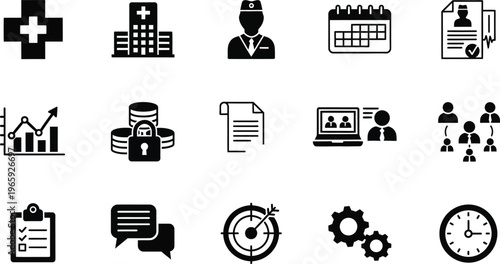 Collection of business and medical icons in black and white