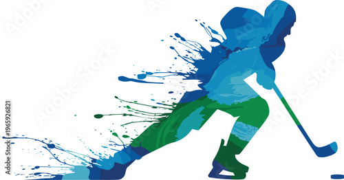 Field hockey player silhouette with colorful paint splash effect, dynamic sports action, athlete dribbling ball, modern abstract illustration isolated on white background for design use