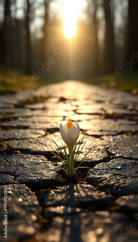Delicate white flower blooms from cracked pavement on a sunlit path, signifying resilience and the enduring power of nature
