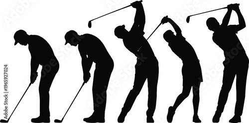 Golf player silhouettes set showing swing sequence from address to follow through, professional golfer action poses isolated on white background for sports design