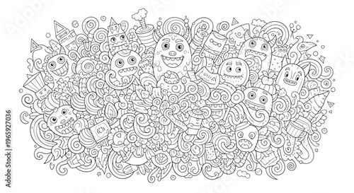Fotografie Doodle monsters coloring page, funny cartoon characters, vector illustration, bl