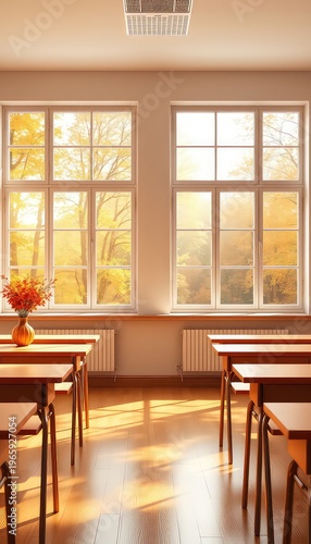 Autumn classroom interior with sunlit views of golden foliage from large windows showcasing the changing seasons and warm inviting ambiance