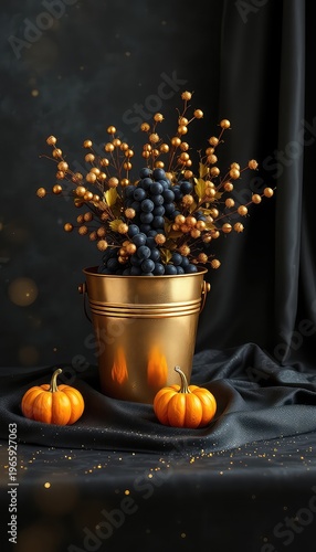 Fall aesthetic featuring dark grapes and miniature pumpkins contrasted with radiant gold accents on luxurious black fabric