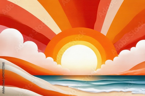 Warm retro sunset over ocean waves with orange gradient sun and soft clouds vector illustration
