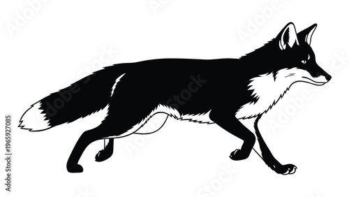 A striking black and white depiction of a fox in mid stride exhibiting a dynamic and elegant silhouette