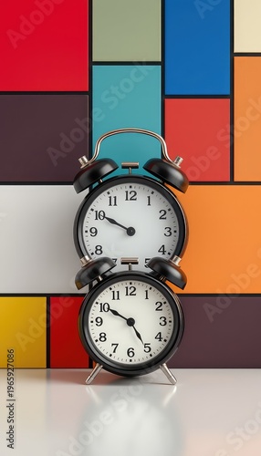 Two old-fashioned alarm clocks stacked atop each other against a colorful geometric patterned background on a reflective surface
