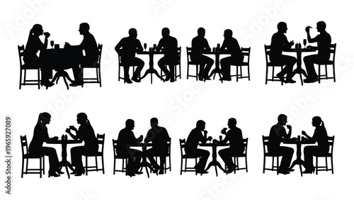 A group of people are depicted dining at tables in a restaurant setting shown as a dark silhouette