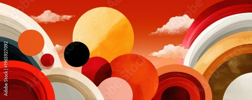Abstract orange gradient background with retro circles and textured sun for modern design compositions