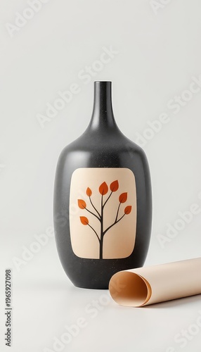 Minimalist black vase with stylized autumnal foliage graphic and rolled parchment paper on a neutral surface
