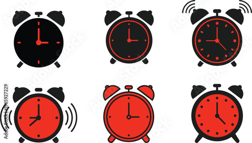 Collection of minimalist alarm clock icons in red and black flat vector style featuring various ringing bell designs for time management and schedules.